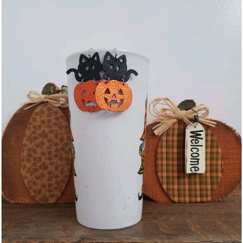 Genuine Leather Halloween‎ Black Cat Pumpkin Drop Earrings Fall